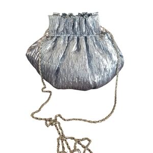 Vintage La Regale Silver Metallic Ruched Evening Bag Wedding Guest Clutch Chain